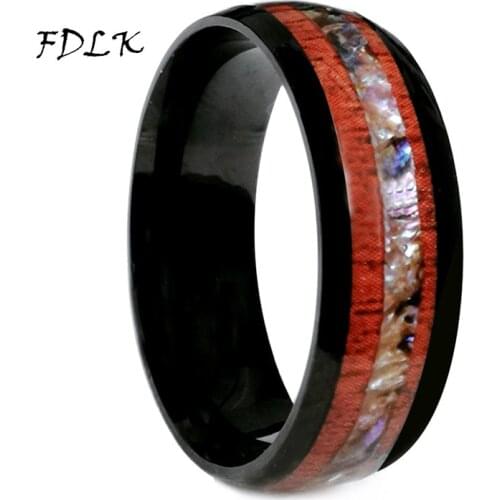 FDLK 8mm Black Fashion Simple Ring Koa Wood Abalone Wedding Band Mens Jewelry to Boyfriend Husband Best Gift