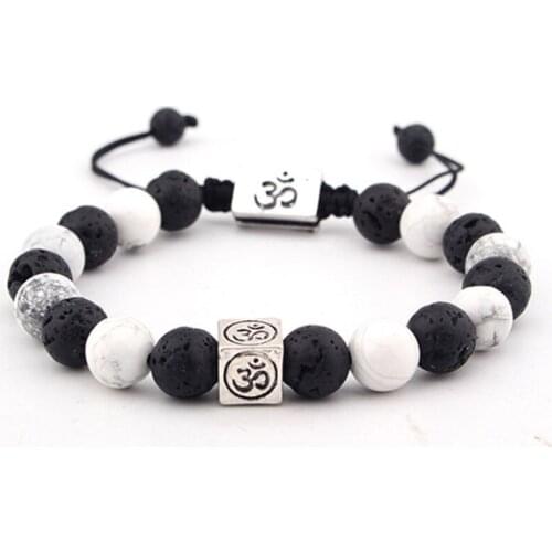 FYSL Silver Plated 3D Symbol Connect Black Lava Stone Beads Elastic Bracelet White Howlite Jewelry