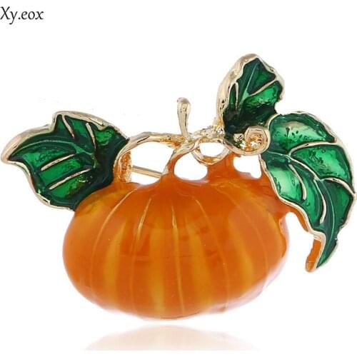 Halloween Pumpkin Brooch New Alloy Green Leaves Orange Enamel Pumpkin