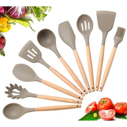 ERMAKOVA Cooking Utensils Kitchen Utensil with Wooden Handle Non Toxic Silicone Spatula Turner Spoon Tong Flexible Cooking Tool