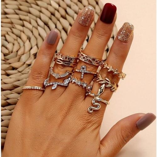 Modyle Vintage Gold Crystal Rings Set Moon Star Ring For Women Metal Charm Ring Bohemian Wedding Fashion Jewelry Party Gifts