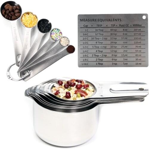 Measuring Cups and Spoons Set of 14, Stainless Steel 7 Measuring Cups and 6 Measuring Spoons with Measurement Conversion Chart