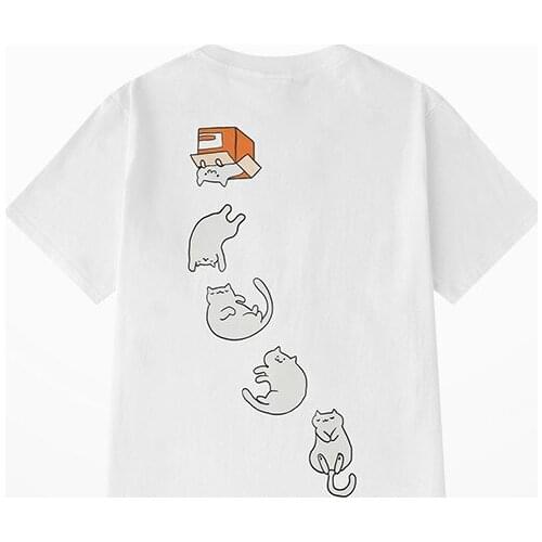 New Fashion Cartoon Cat Print T Shirt Men Ins Style Funny 100% Cotton T Shirts Men And Women Green White Short Sleeve Tee