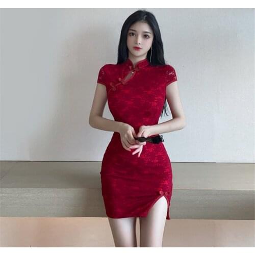 2021 New Sexy short-sleeved retro Chinese style waist lace split hips improved cheongsam dress