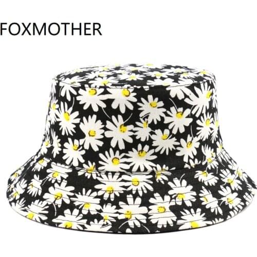 FOXMOTHER New Fashion Outdoor Reversible Black Floral Daisy Pattern Fisherman Caps Bucket Hats For Mens Women Gorras Summer