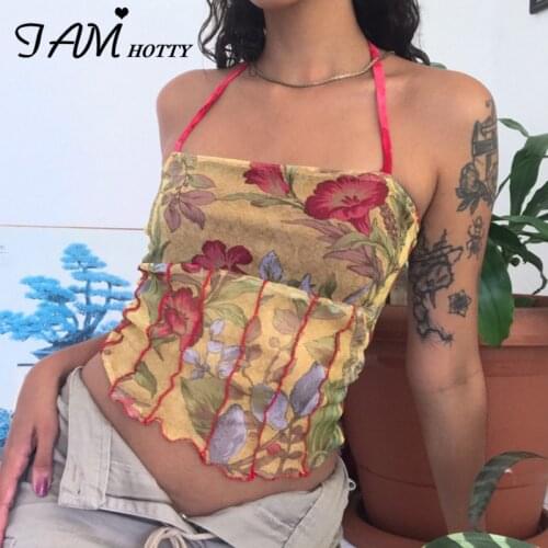 Y2k Retro Grunge Floral Halter Camisole Women Sexy Slit Crop Tops Backless Beach Party Clubwear Vintage Corset Cute Top Iamhotty