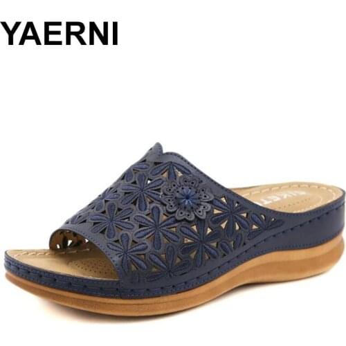YAERNI wedge slippers 2021 woman slides women shoes vintage summer big size 41 42 Comfortable soft sandals ladies female