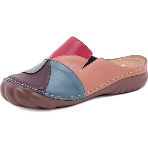 Plus Size 42 Women Shoes Mix Color Retro Slippers High Quality PU Leather Patchwork Mules Lightweight Cozy Sandal Ladies