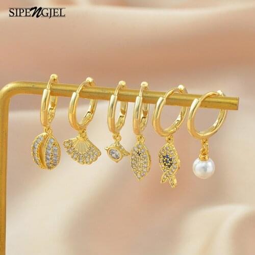 SIPENGJEL Fashion Shell Fish Pearl Gold Hoop Earrings 6 Pcs Set Small Hoop Earrings For Women Accessories Jewelry 2021