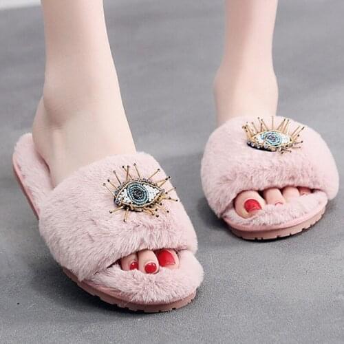 Ladies Soft Plush Cotton Cute Slippers Shoes Non-Slip Floor Indoor Home Furry Slippers Women Shoes For Bedroom Beaded eye hy236