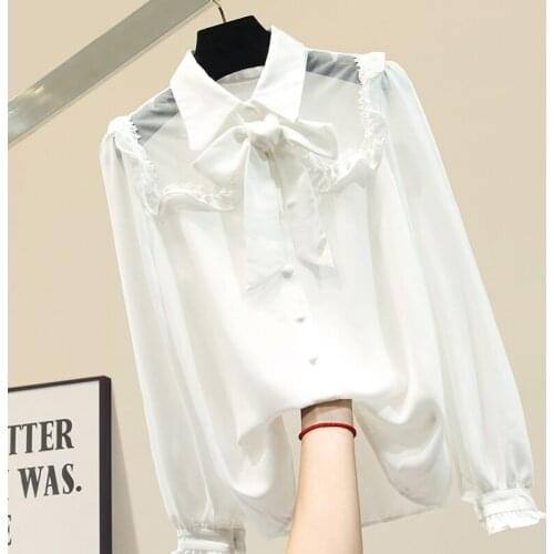 Bow Shirtb Women White Long-Sleeve Chiffon Shirt Womens Blouse Office Lady All-match Basic White / Black Tops Blouses Blusas