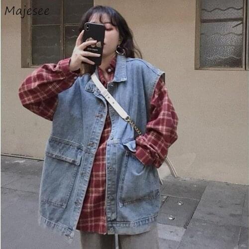 Vests Women Fashion Denim Outwear Female Spring Korean Style Loose Trendy Bf Sleeveless Vintage All-match Pockets Retros Chic