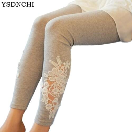 YSDNCHI Lady Casual Thin Trousers Mid Waist Pants Lace Flower Leggings New Spring Quality Womens Leggins Elastic Hollow