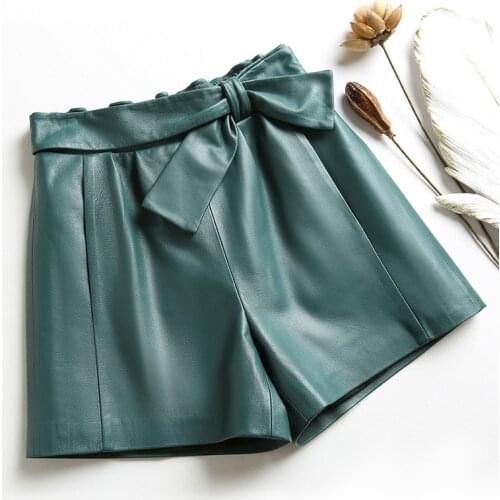 Women Harajuku Genuine Leather Shorts Femme Elastic High Waist Bowknot Green/Black Casual Short Mujer Wide Leg Streetwear