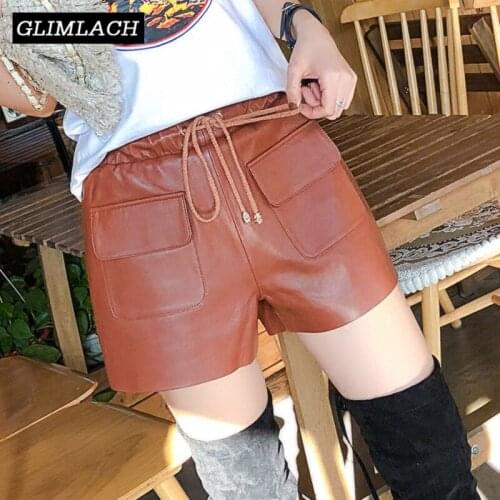 2021 New Genuine Leather Elastic Waist Shorts Women Loose Wide Leg 100% Sheepskin Real Leather Shorts With Pockets Lady Casual