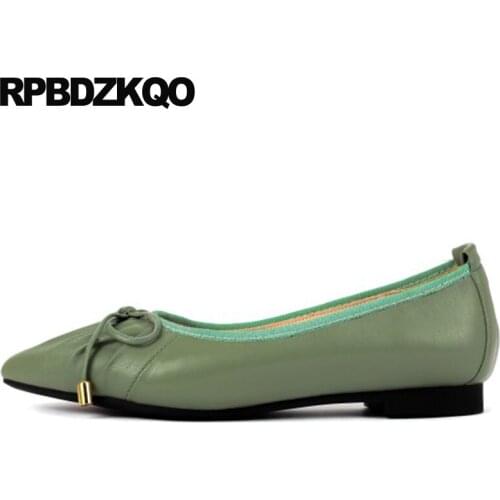 Black slip on 2019 designer shoes china women chinese green pointed toe genuine leather fashion ladies bow shallow pink flats