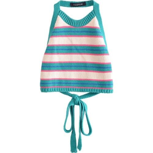 2021 New Summer Women Striped knit Tops Bow Lace Up Halter Backless Tops Chic Lady Fashion Sexy Woman Clothes crop top