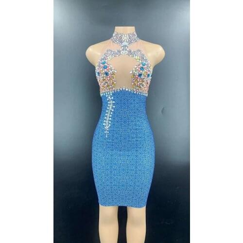Colorful Sexy Rhinestones Pearls Skinny Dresses for Women Birthday Celebrate Crystals Costumes Women Dancer Prom Club Dress