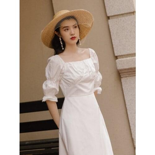 French Retro Greek Goddess Square Neck Temperament Dress Summer White Puff Sleeve Pleated Fashion Dress Robe Femm