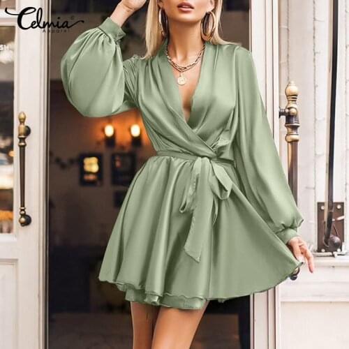 Women Vintage Long Sleeve Wrap Mini Dress Celmia Sexy Deep V Neck Bandage Sundress Casual Solid Satin Vestidos 2021 Autumn Robe
