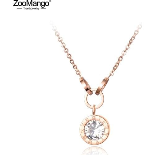 ZooMango Trendy AAA Zircon Roma Numbers Circles Pendant Necklaces Rose Gold Stainless Steel Chain Necklace For Women ZN18076