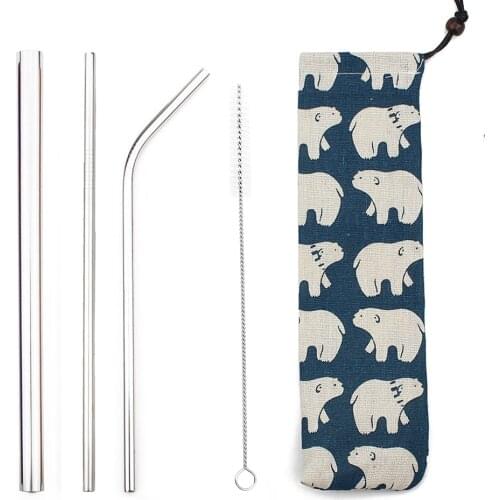 5pcs Reusable Metal Drinking Straws 304 Stainless Steel Silver Straw Set Thick with Colorful Bag Pouch Clean Brush Party Wedding