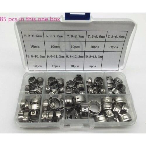 Free shipping Pipe Clamp High Quality 85PCS Stainless Steel 304 Single Ear Hose Clamps Assortment Kit Single with box