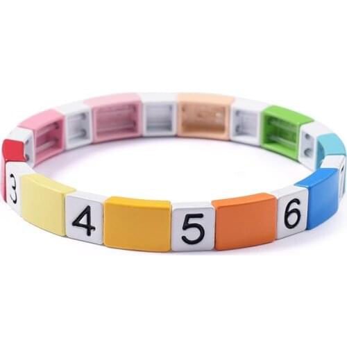Rainbow Number Enamel Tile Beads Bracelet Myuki Tila Beaded Bracelet Elastic Partner Armband Bestfriend Bracelet Gift Men Women