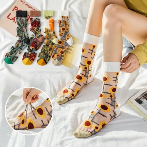 Flower Printed Colorful Women Socks Thin Female Socks Breathable Short Thin Silk Mesh Sock Sokken Lovely Christmas Socks