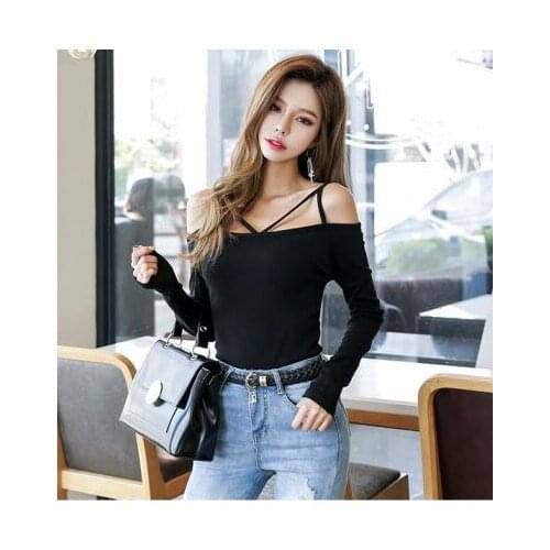 Design women sexy korean fashion spaghetti strap hollow out off shoulder long sleeve tunic bodycon cotton t-shirt plus size XXL
