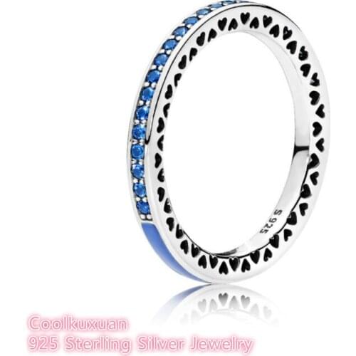 Rings Compatible With European Style Jewelry 925 Sterling Silver Radiant Hearts, Princess Blue Enamel & Royal Blue Crystals