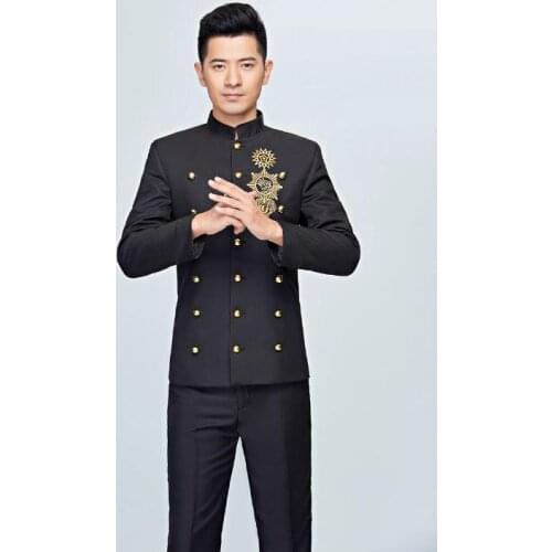 Black three rows of buckles slim chinese tunic suit men embroidery suit set with pants mens suits groom formal dress suit + pant