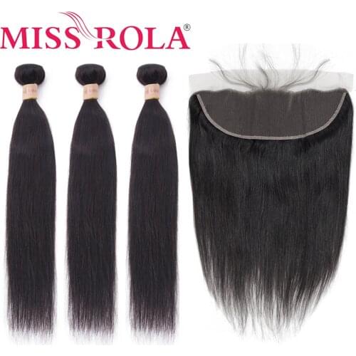 Miss Rola Hair Pre-Colored Brazilian 3 Bundles With Lace Frontal Closure Remy Straight Hair Bundles 100% Human Hair Extensions