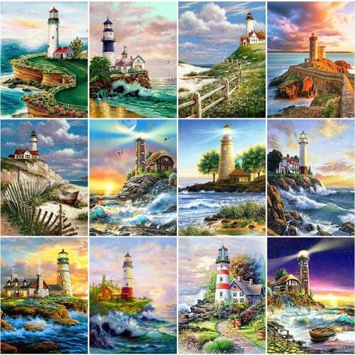MomoArt Diamond Mosaic Seaside Full Square Diamond Painting Scenic Cross Stitch Embroidery Lighthouse Rhinestones Decor For Home