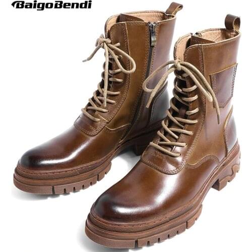 5CM Heels Mid-calf Motorcycle Style Mens Genuine Leather Lace Up Work Boots Winter Soliders Shoes