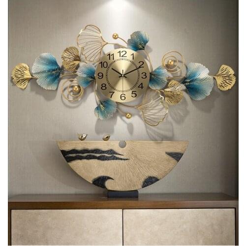 New Chinese Luxury Ginkgo Biloba Wrought Iron Wall Clocks Porch Store Wall Sticker Crafts Home Livingroom Wall Mural Decoration