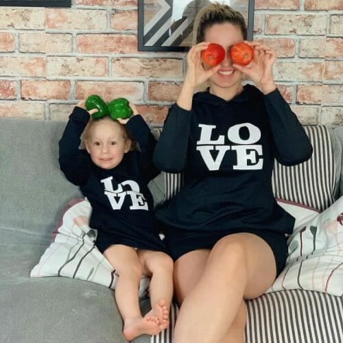 Mom and Daughter Matching Hooded Dress Clothes Letter "LOVE" Outfits Family Long Sleeve Sweatshirt Mommy and me Hoodies Dress