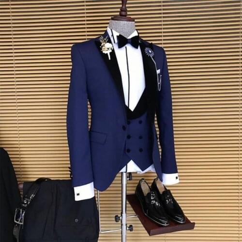 Blue Wedding Suits For Men Slim Fit Tuxedo 3 Pieces Male Fashion Jacket with Black Pants Double Breasted Waistcoat New Style