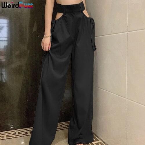Weird Puss Y2K Chic Women High Waist Pants Hollow Out Baggy Loose Straight Casual Trend Bandage Trousers Summer Slim Streetwear