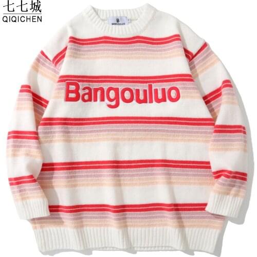 Mens Stripe Sweater Women Hip Hop Streetwear Letter Japanese College Jumper Sweater 2021 Cotton Loose Knitwear Pullover Autumn