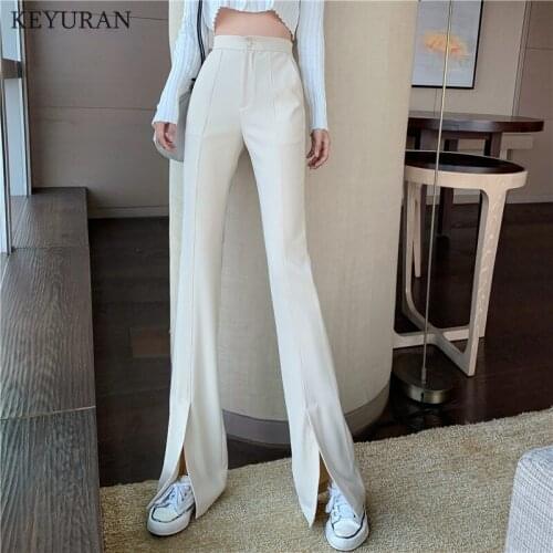 Loose 2021 New Summer Spring Plus Size Korean Split High Waist Trousers Women Suit Casual Solid Office Wide Leg Flare Pant Woman