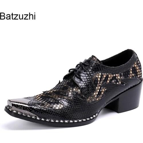 Batzuzhi Mens Shoes 6.5cm High Heel Pointed Iron Toe Leather Dress Shoes Men Lace-up Black Formal Business/Party Shoes Footwear