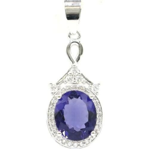 37x14mm SheCrown Gorgeous Created Aquamarine Iolite CZ For Women Silver Pendant