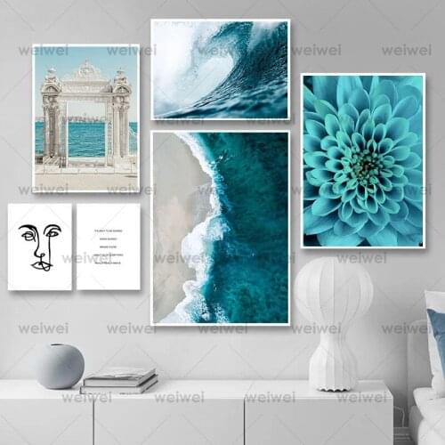 Waves Blue Flower Ocean Wall Poster Sea Beach Landscape Canvas Print Nordic Painting Scandinavian Art Room Decoration Picture