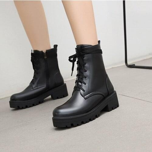 Size 34-43 Women Martin Ankle Boots Round Toe Platform Fall Autumn Winter Booties Woman Cross Tied Chunky Heel Beige Black Shoes