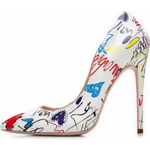 Womens Pointy Toe Printed Graffiti Stilettos High Heel Pumps Shoes Low Top Plus Size Black Blue White Sexy New 2021