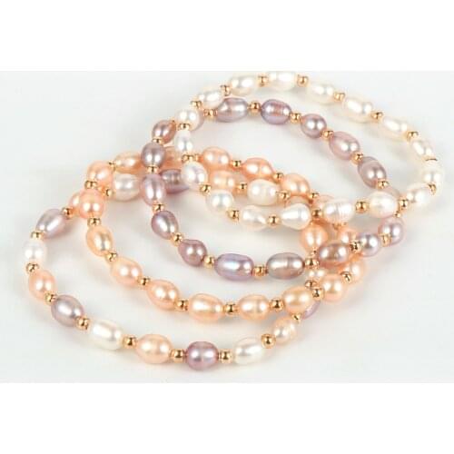 Women Girls Natural Rice Shape Freshwater Pearls Bracelet White Pink Purple Pearl Bangle Jewelry Valentines Day Gifts