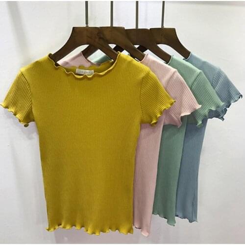 Women Tees Ruffled Trimmings Ribbed Crop Tops Soft And Stretchy Short Sleeve T-shirts Basic Cropped Top