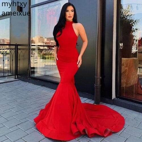 Custom Mermaid Evening Dresses Halter Neck Sexy Backless Red Satin Elegant Long Prom Dress Chapel Train Robe De Soiree Plus Size