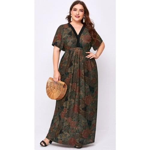 Retro Printing Vintage Dress Plus Size Women Summer V Neck Short Sleeve High Waist Maxi Long Dresses V Backless Sexy Party Dress